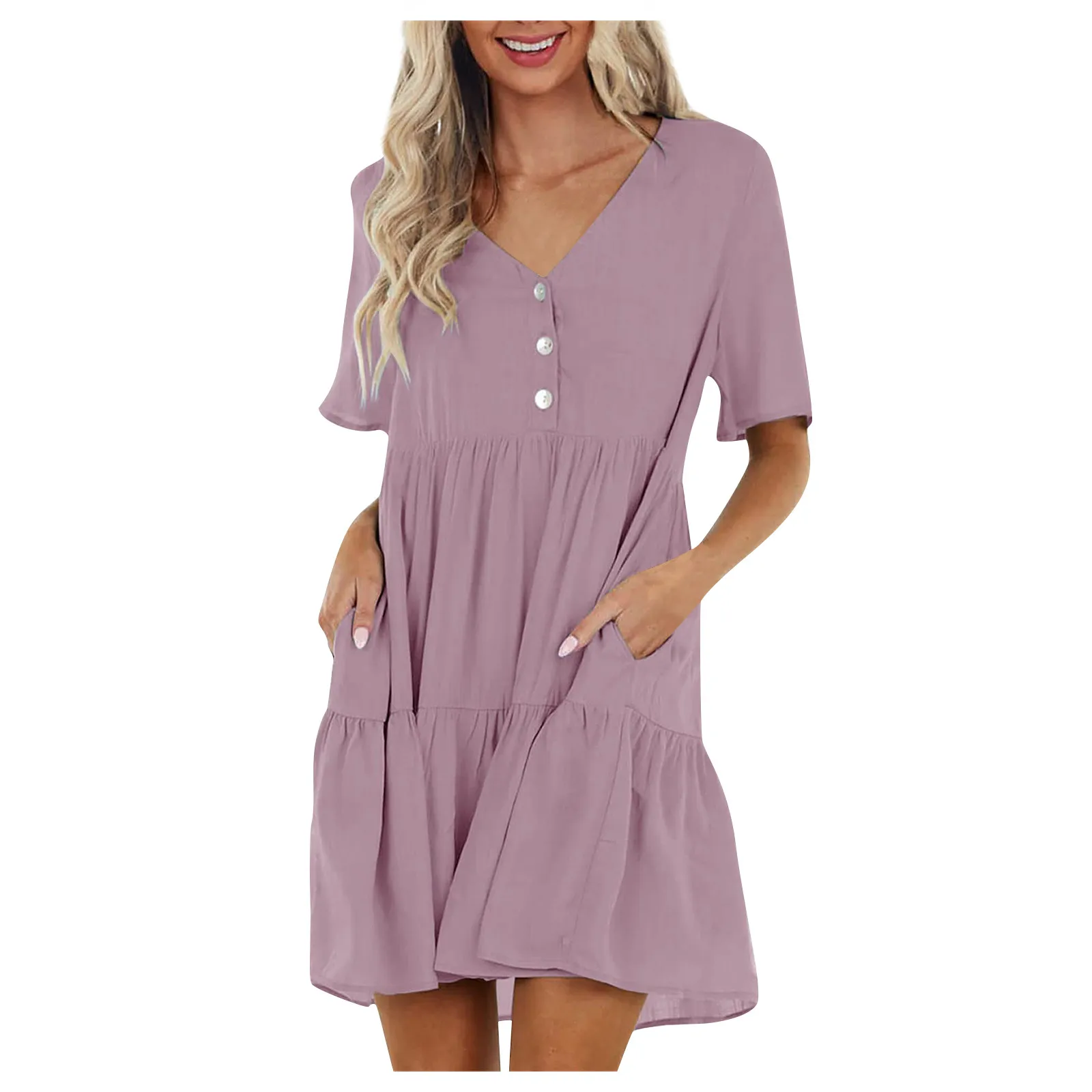 

Платье женское хлопковое с V-образным вырезом, модная однотонная одежда на пуговицах, сарафан с коротким рукавом, халат, 2022