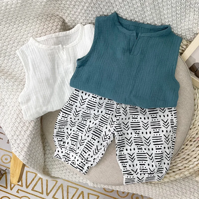 

Baby Clothing 2022 Summer New Fashion Infant Baby Literary Slub Cotton Vest Loose Casual Bloomers Suits For Kids Casual Outfits