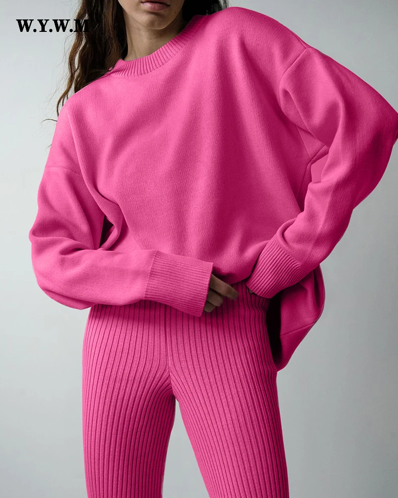

WYWM Winter Thick Set Women Knitted 2 Pieces Suit New O-neck Sweater & Pit Streaks High Waist Loose Pants Soft Outwear Tracksuit