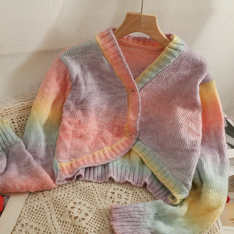 

Women Chic Gradient Rainbow Long Sleeve Cardigan Casual Knitwear Korean Fashion Single Breasted Sweater Coat Y2k Autumn Outwear