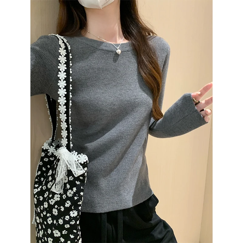 Повседневная однотонная трикотажная базовая рубашка с круглым вырезом женские