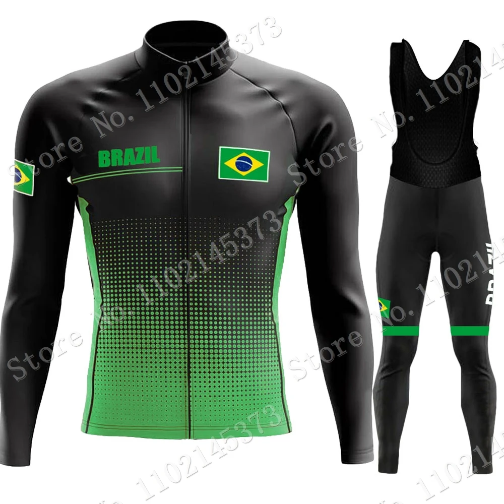 

2023 Brazil National Team Cycling Jersey Set Long Sleeve Green Cycling Vintage Clothing Road Race Bike Jacket Suit MTB Maillot