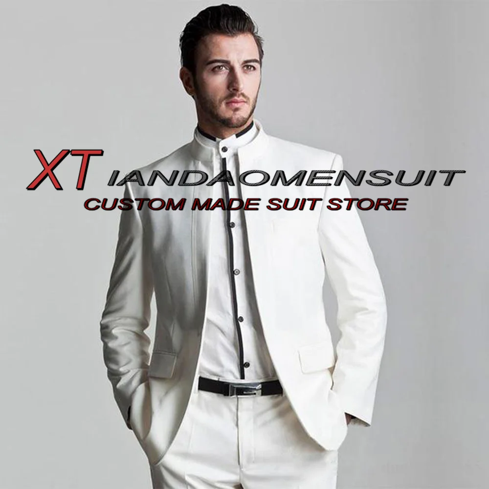 

White Stand Collar Men's Suit 2 Piece Formal Wedding Tuxedo Groom Jacket Pants Suit Complete Outfit
