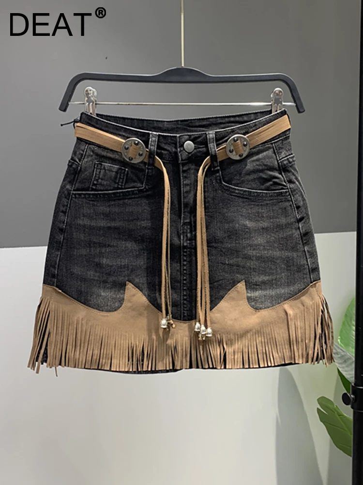 

Женская джинсовая юбка с бахромой DEAT, черная трапециевидная мини-юбка контрастных цветов в стиле пэчворк, осень 2023