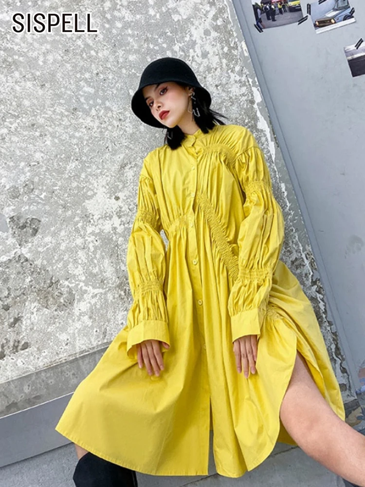 

SISPELL Solid Casual Dress For Women Stand Collar Puff Sleeve Asymmetrical Loose Fold Pleated Dresses Female 2022 Spring Fashion