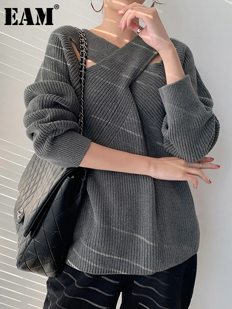 

[EAM] Cross Gray Hollow Out Knitting Sweater V-Neck Long Sleeve Women Pullovers New Fashion Tide Autumn Winter 2022 1DD243502