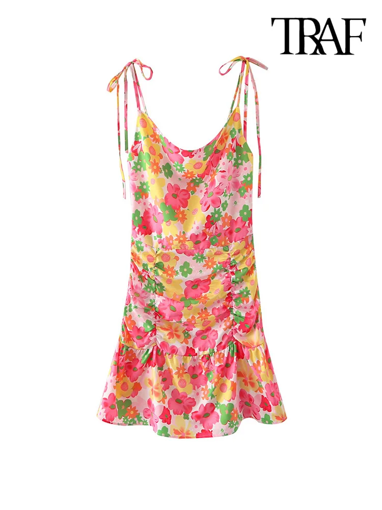 

TRAF Women Fashion With Belt Floral Print Ruffled Mini Dress Vintage Backless Tied Thin Straps Female Dresses Vestidos Mujer