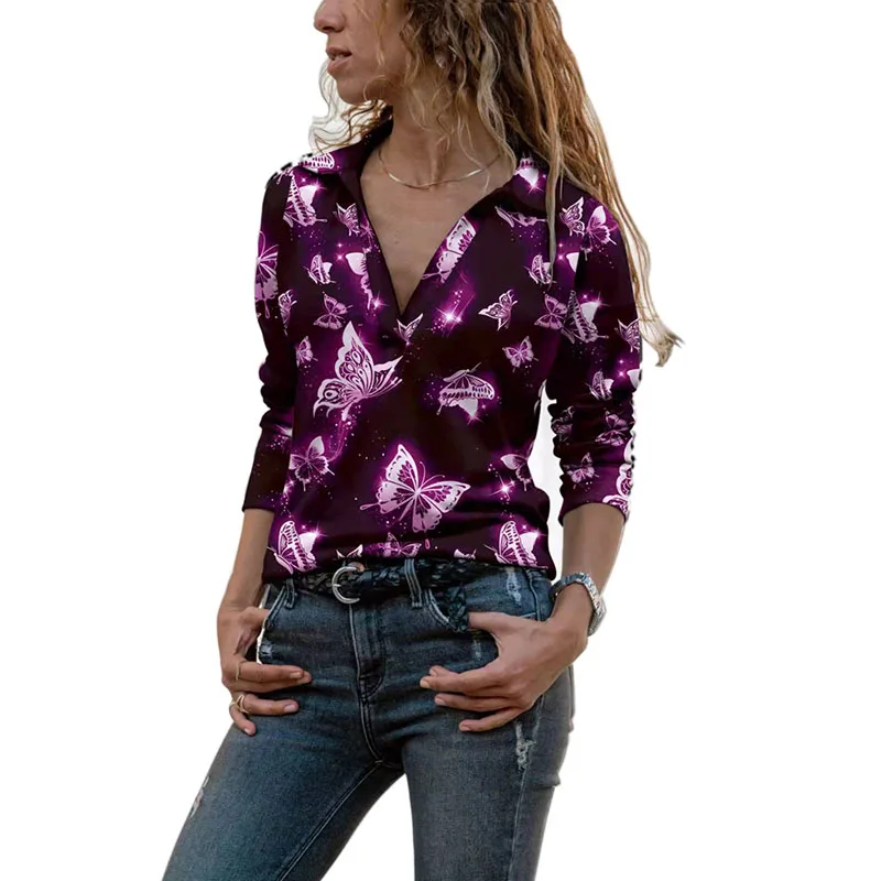 

2022 New Women Fashion Printing T-shirt Spring Autumn Plus Size Loose Tops Temperament V-neck Long-sleeved Female T-shirt F359