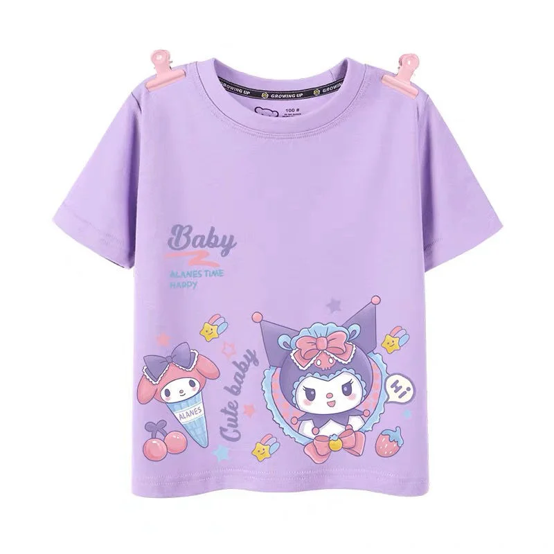 

Sanrio Kawaii cartoon anime Kuromi girls short-sleeved T-shirt children's half-sleeved cotton foreign style girl summer gift