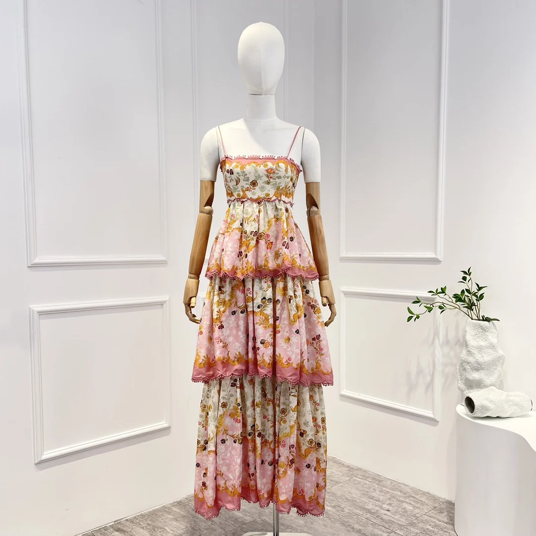 

New 2023 Top Quality Spring Summer Beach Style Floral Printing Sleeveless Cascading Ruffles Backless Lace-up Midi Dresses Women