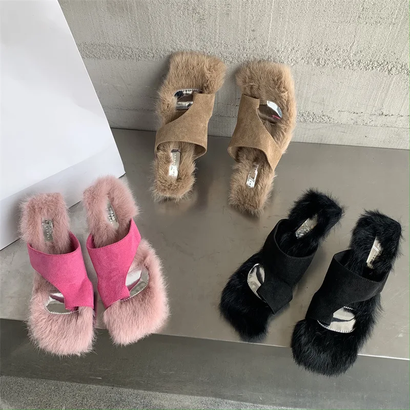 Ladies Slippers Rabbit Fur Thin High Heels New Women Slippers Fur Fashion Party Autumn Summer Flip Flops Dress Party High Heels