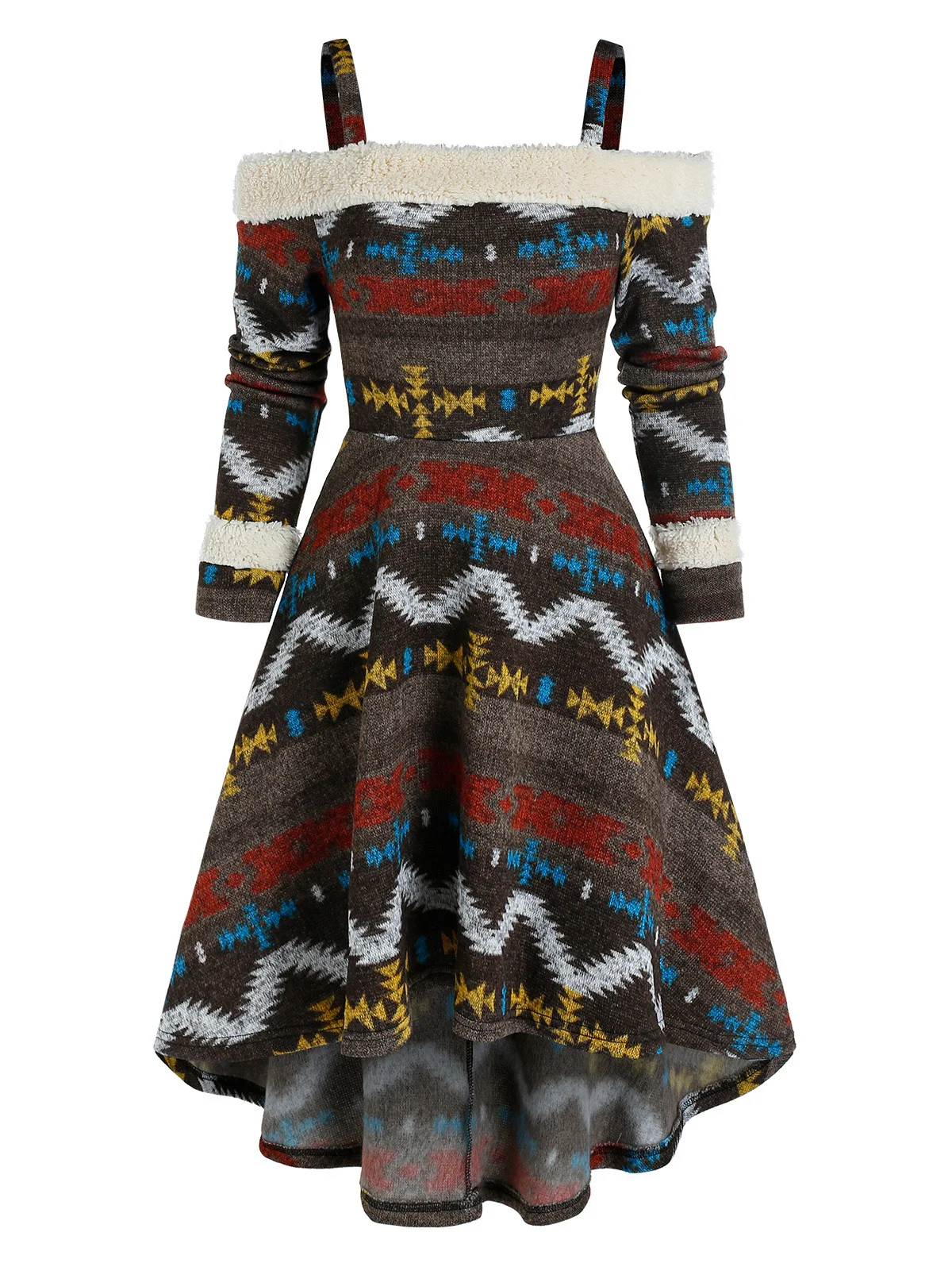 

Dressfo Winter Ethnic Knit Tribal Print Off Shoulder High Low Slim Dress For Women