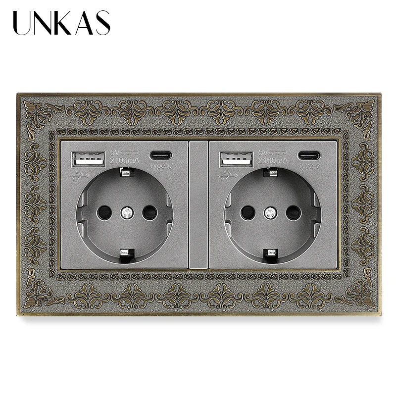 Фото UNKAS серая розетка ЕС Тип C USB порт + ТВ RJ11 Телефон RJ45 Интернет-компьютер гнездо 4D тиснение панель Ретро цинковый сплав розетка №2