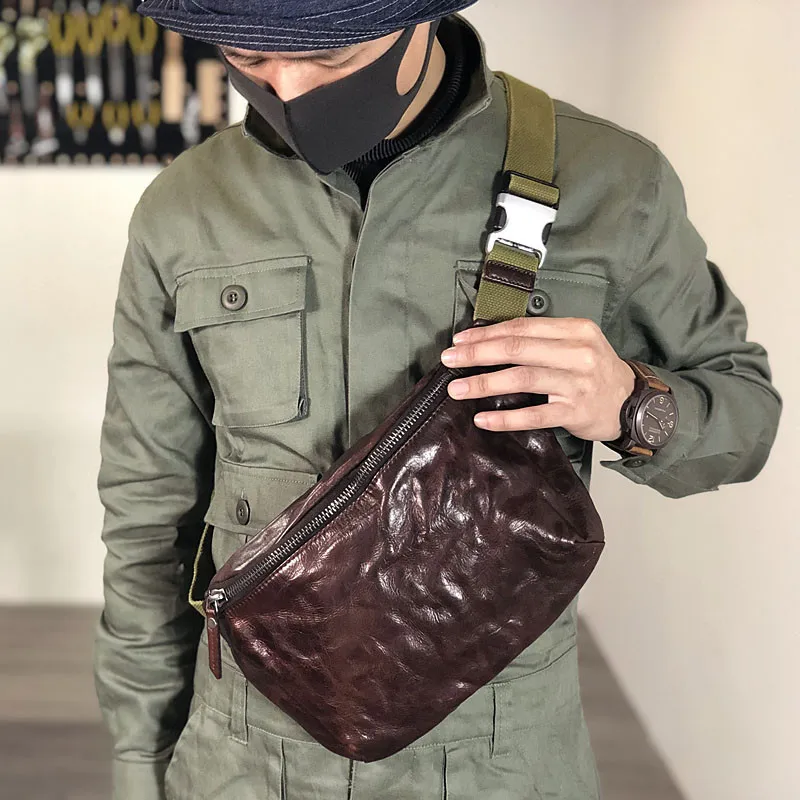 Fashion vintage genuine leather multifunctional men's chest bag casual trend natural real cowhide waist pack sports diagonal bag