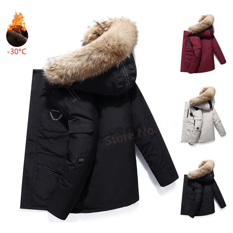 Fashion Winter Down Jacket Warm Thick Men's Hooded Puffer Cargo Coats White Duck Down Parkas Tops Windproof Unisex Down Parkas