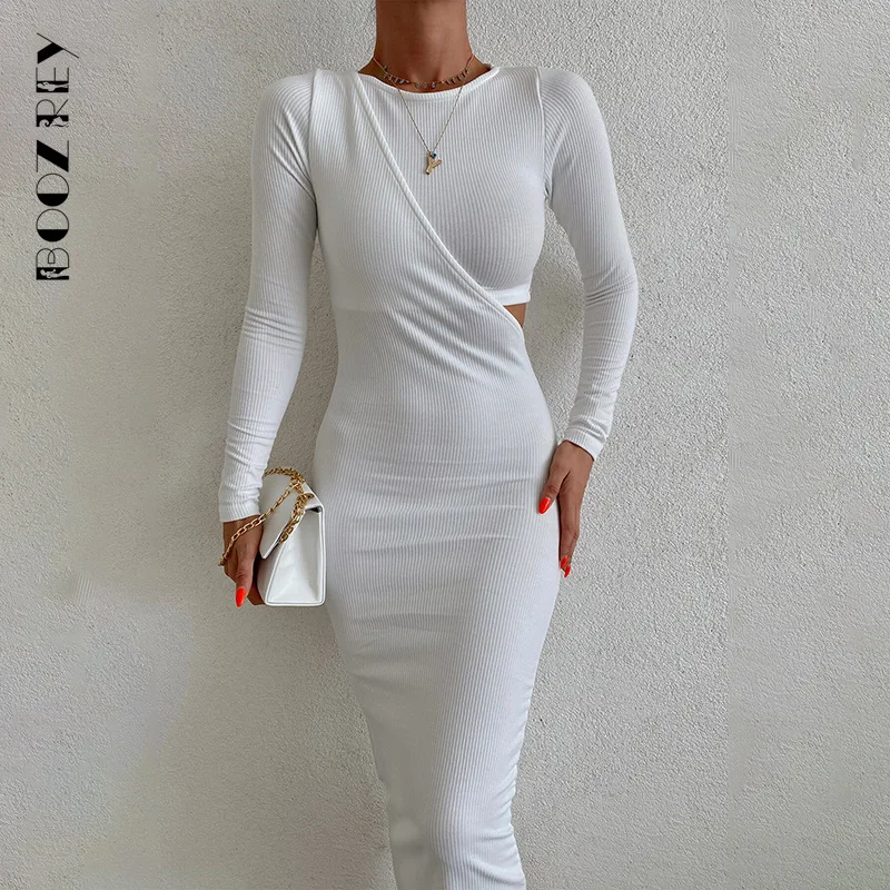 

BoozRey O Neck Knitted Bodycon Dress Party Women White Long Sleeve Black Sexy Midi Autumn Winter Hollow Out Elegant Dresses Club