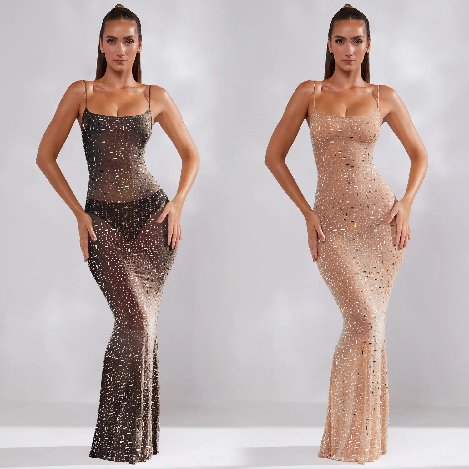 

Women Diamonds Hot Rhinestones Mesh See Though Bodycon Maxi Dress 2023 Vestidos Sexy Party Dresses