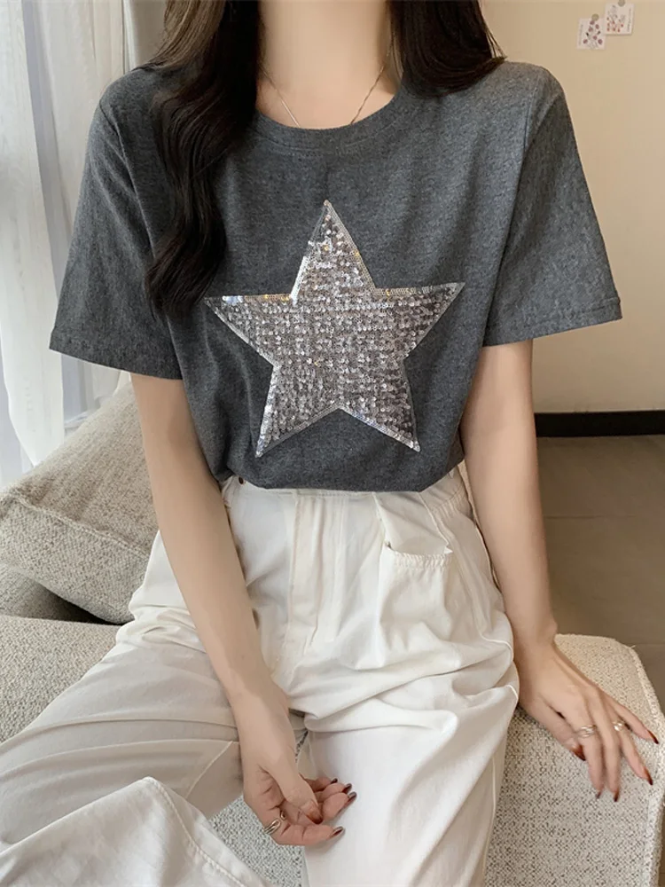 

Harajuku 100% cotton T-shirt Pentagonal sequin design casual Short Sleeve Women tshirt Summer graphic t shirts gray black tops