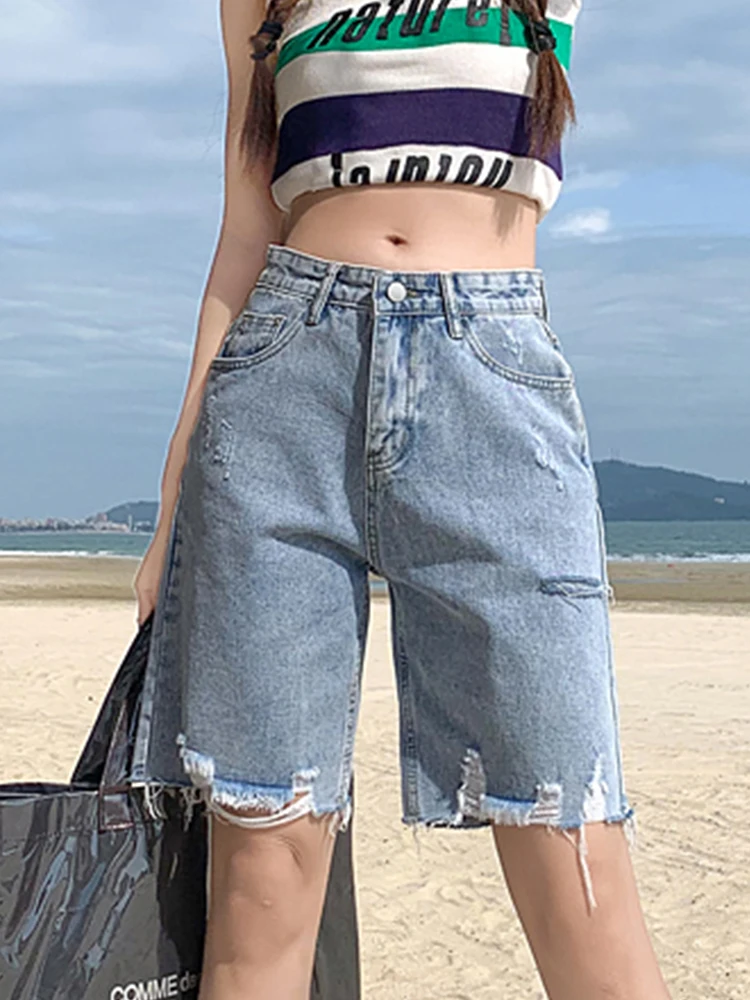 

FTLZZ New Summer Hole Wide Leg Denim Shorts Women Fashion High Waist Jeans Shorts Lady Casual Solid Color Shorts