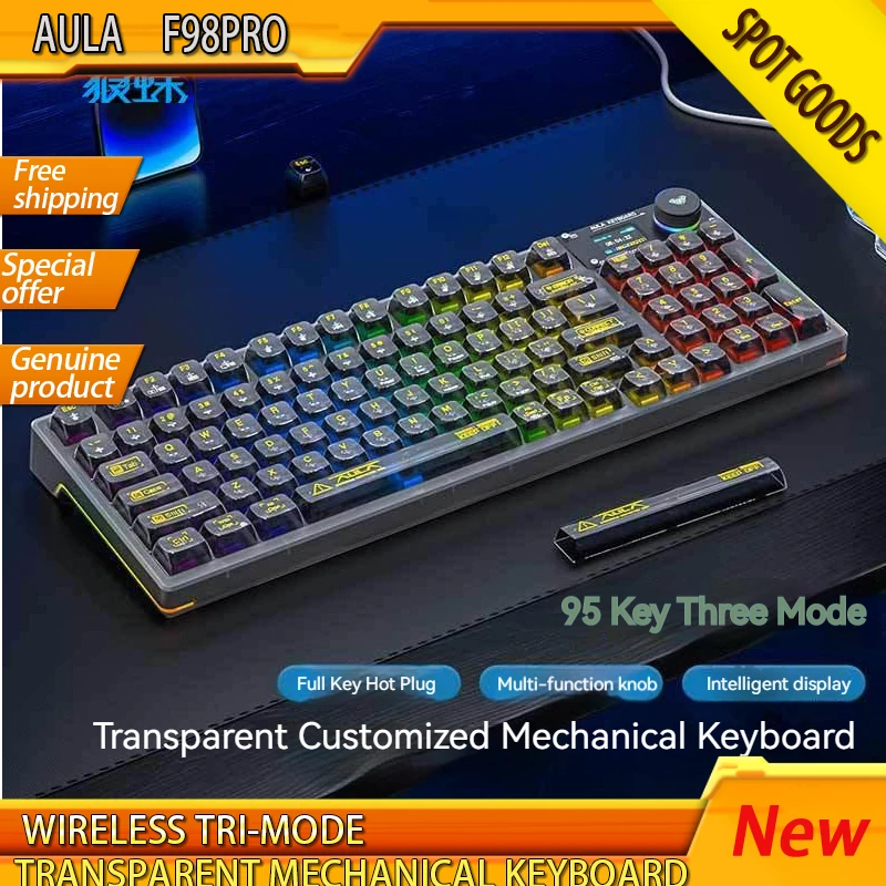 

F98pro Wireless Tri-mode Transparent Mechanical Keyboard Esports Gasket Structure Customized Hot Swap Rgb 95keys For Pc Gaming