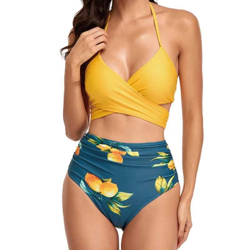 

Triangle High Waist Solid Stripe Print Cross Lace Up Bikini Curvy Swimwear Women Summer Clothes 2022 Women's Swimsuit New Suit