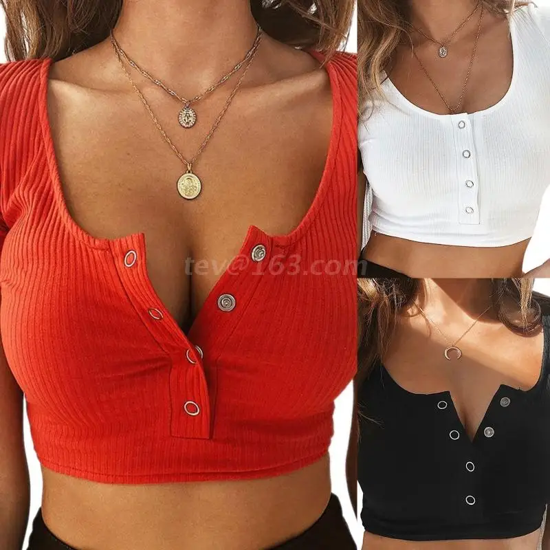 

Women Summer Short Sleeve Button Half Placket T-Shirt Sexy Low Cut Neck Ribbed Knitted Crop Top Solid Color Casual Slim Fitted