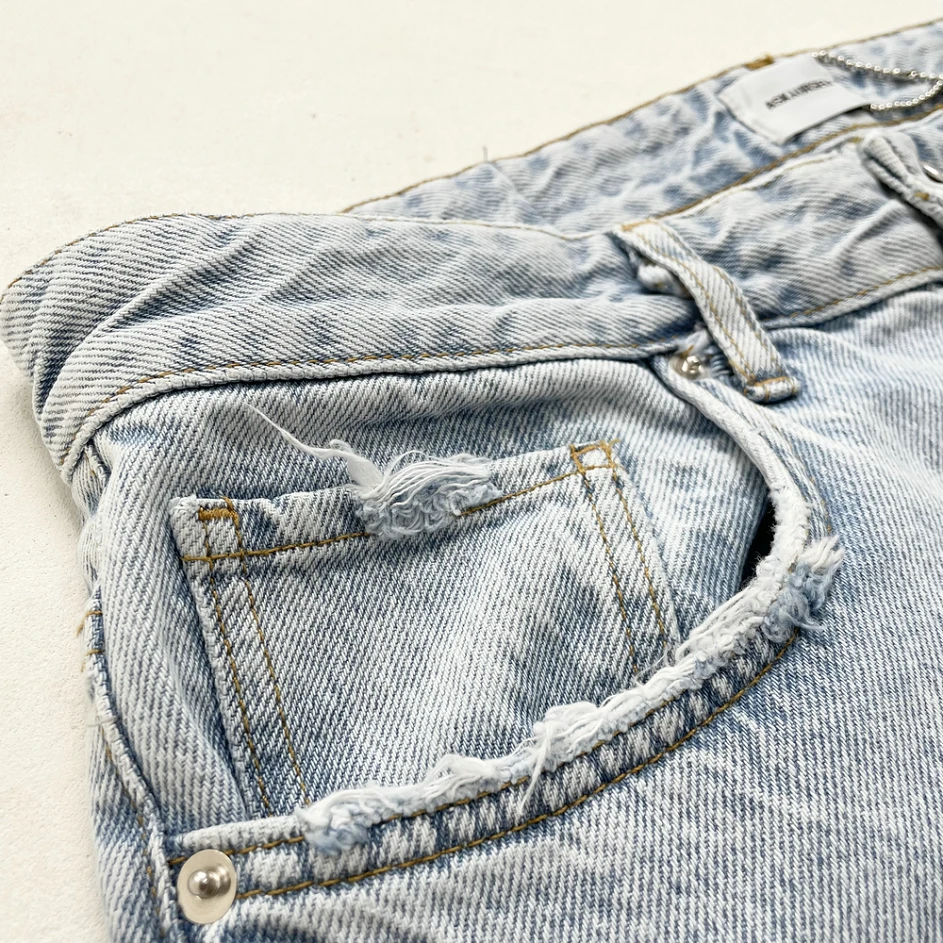 Askyruself new spring and fall men and women high street patchwork splicing washed and frayed destruction blue loose jeans