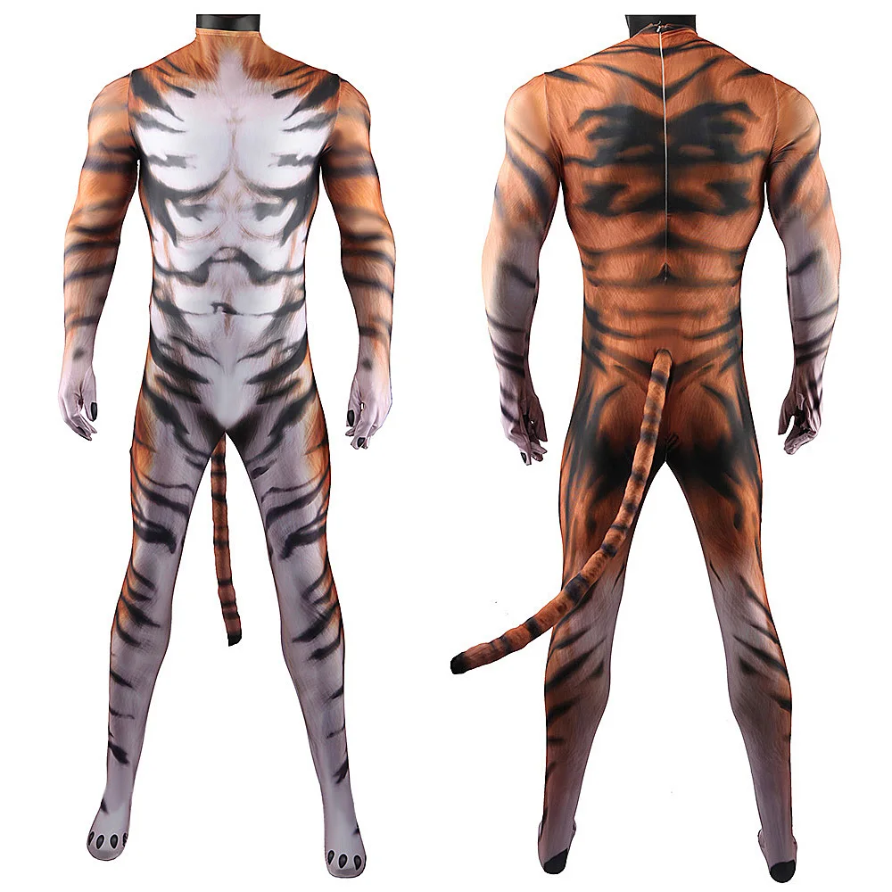 

Animal Costume Tiger Cosplay with Tail Spandex Women Man Bodysuit Adult Zentai Suits Halloween Costume Stage Performance