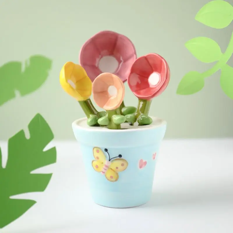 

4pcs Ceramic Baking Scale Measuring Spoon With Holder Rice Spoon Flower Shape Utensils Kitchen Salt Sugar Small Spoon