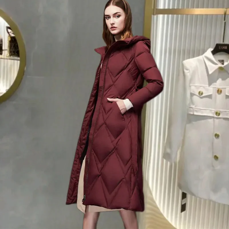 90 White Duck Down Jacket Women Autumn Winter 2022 New Mid-Length Over-The-Knee Hooded Parkas Thick Warm Solid Color Coat Female