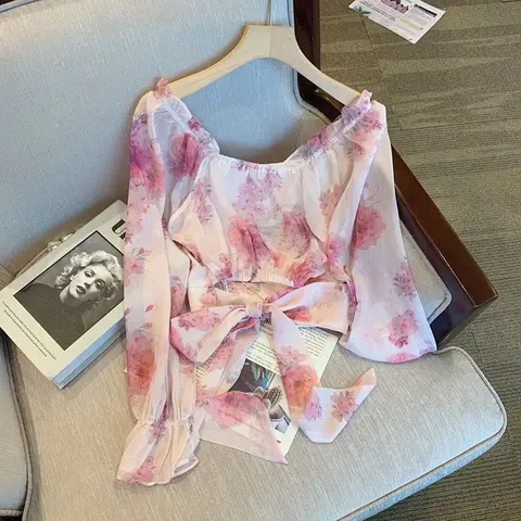 Укороченные блузки для женщин, летняя Новая Винтажная приталенная элегантная офисная Дамская Нежная Милая универсальная романтичная популярная блузка во французском стиле