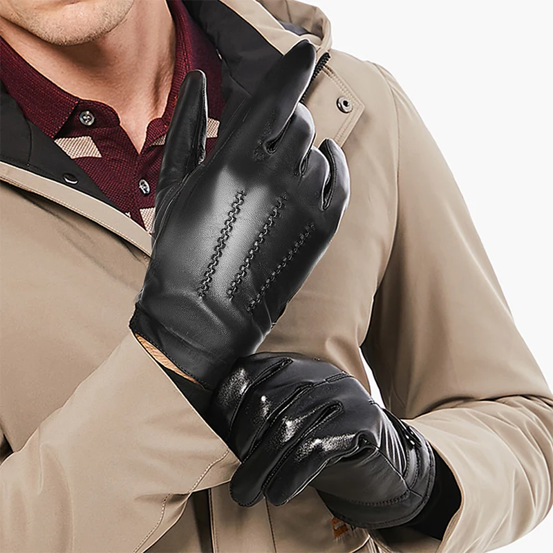 Бисон Деним Мужские настоящие овечьи кожаные перчатки осень зима теплые с сенсорным экраном полный палец черные высокого качества S168 на.