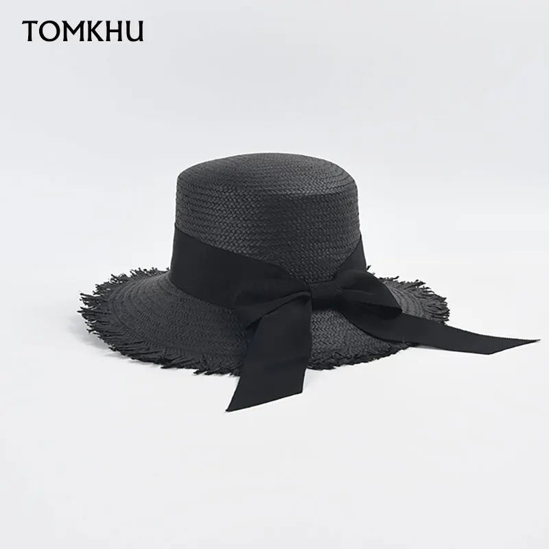 New Simple Flat Top Straw Hat Cute Girl Bowknot Decorative Wide Brim Fur Straw Hat White Black Caps Beach Sun Hat Designer Hats