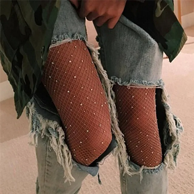 Women's Sexy Stockings Tights Rhinestone Mesh Fishnet Pantyhose Open Crotch Tight High Stockings Party Club Sexy Tights 4