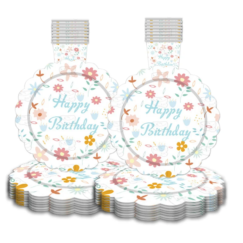 

8 Guests Happy Birthday Tableware Cute Flower Birthday Plates Cups Straws Happy Spring Birthday Party Supplies Kids Favor