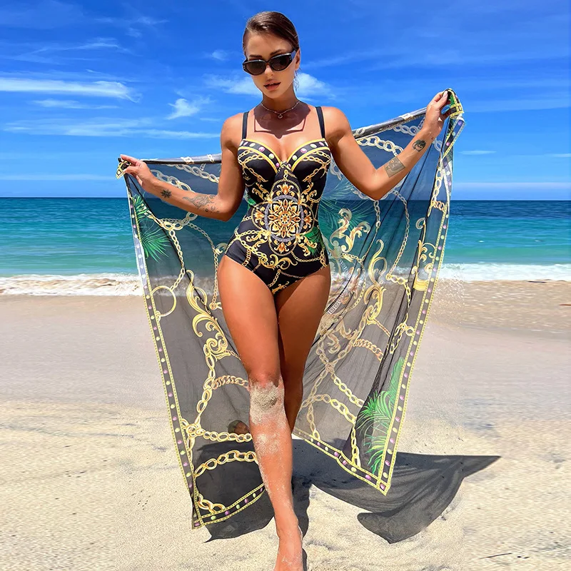 

Summer 2023 Print Push Up One Piece Swimsuit With Beach Skirt V Neck Swimwear Women Beachwear Bathing Suit Vintage Monokini