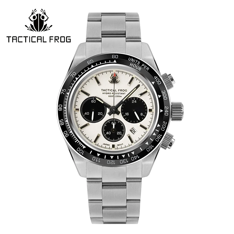 

Tactical Frog Watch For Men 41mm Panda Chronograph VS75A Solar Quartz Movement Sapphire C3 Luminous 200M Waterproof Men's Watch