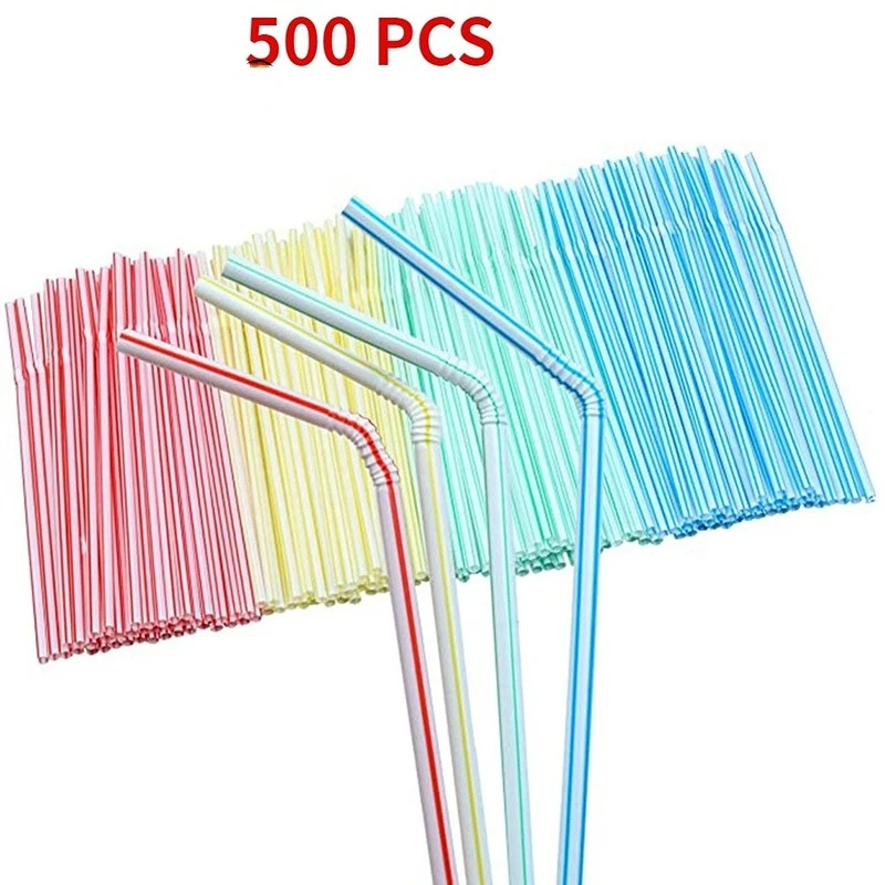 

500 Pcs Disposable Plastic Drinking Straws Multi-Colored Striped Bendable Elbow Party Event Alike Supplies Color Random