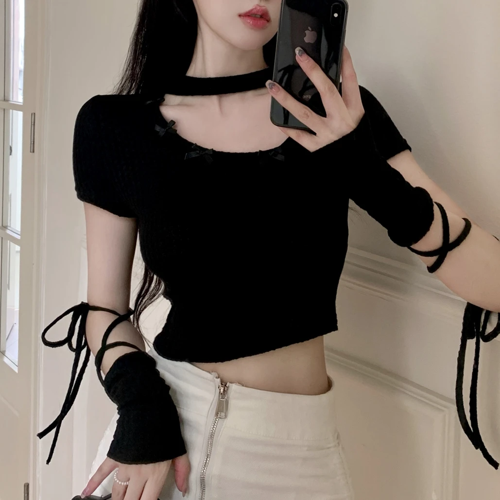 

Black Bow Short-sleeved Y2k T-shirt Women's Summer Hot Girl Hanging Neck Tight-fitting Thin Inner Short Tops Bottoming Shirt