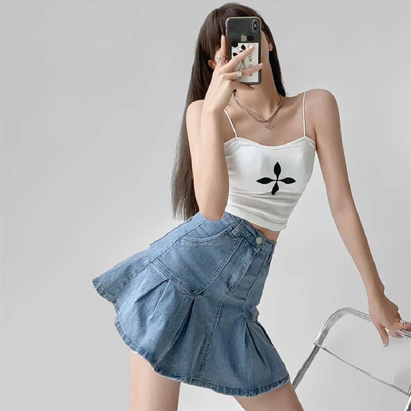 

Women's Half Body Skirt Blue Denim Ruffle Pleated High Waist Vintage Casual Korean Fashion Baggy Short Skirt Ladies Summer