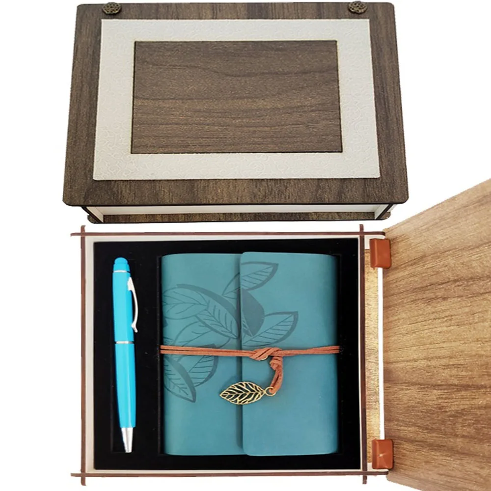 

Custom wooden box blue leather notebook and pencil Set