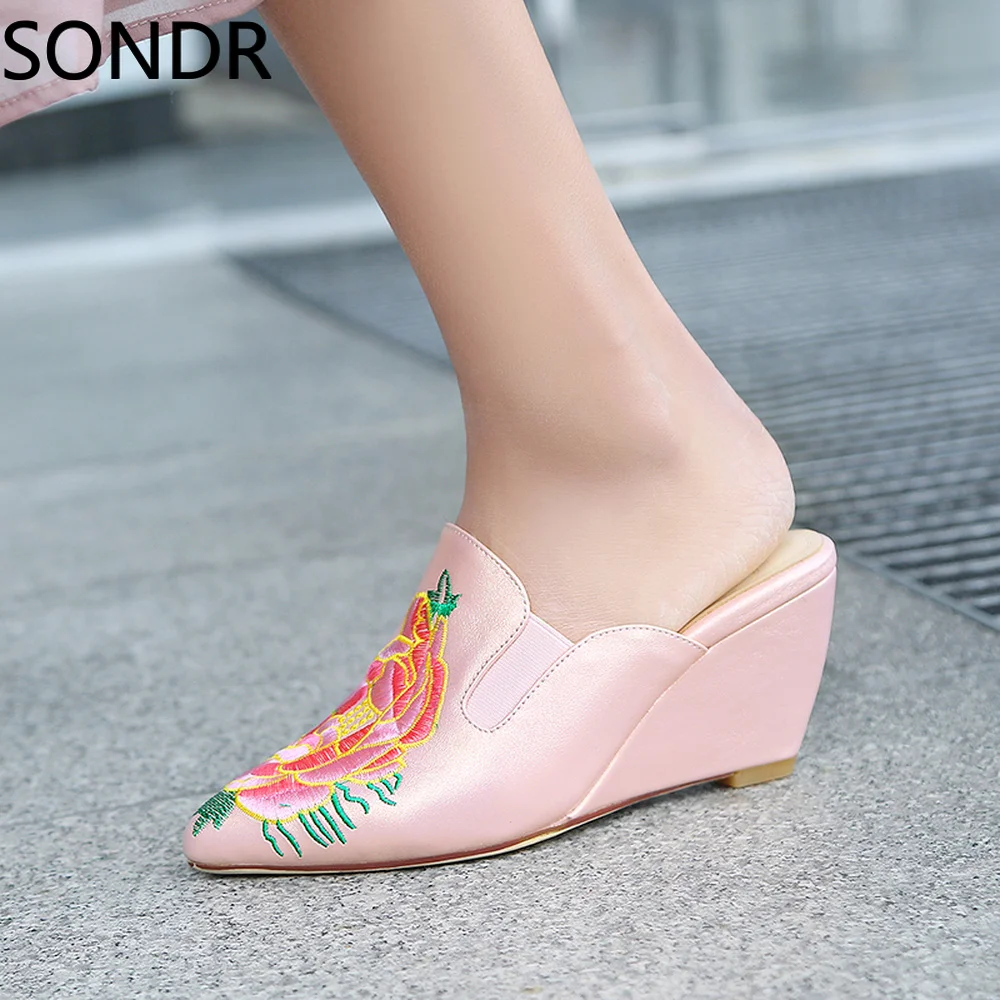 

Womens Mule Leisure Pointed Toe Slip on Slipper Embroidery Floral Summer Genuine Leather Shoes Slides Block Heel Plus Sz