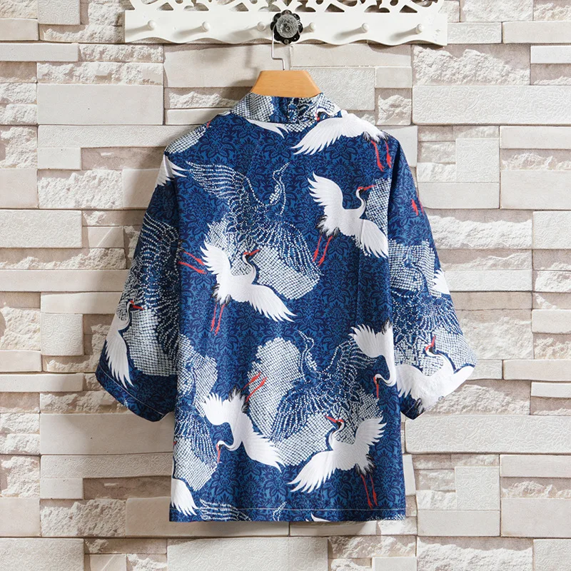 Men Print Crane 2PCS Robe Pajamas Sets Cotton Large Size Loungewear Beach Style Kimono Pyjamas Suit Cardigan Lingerie Home Wear