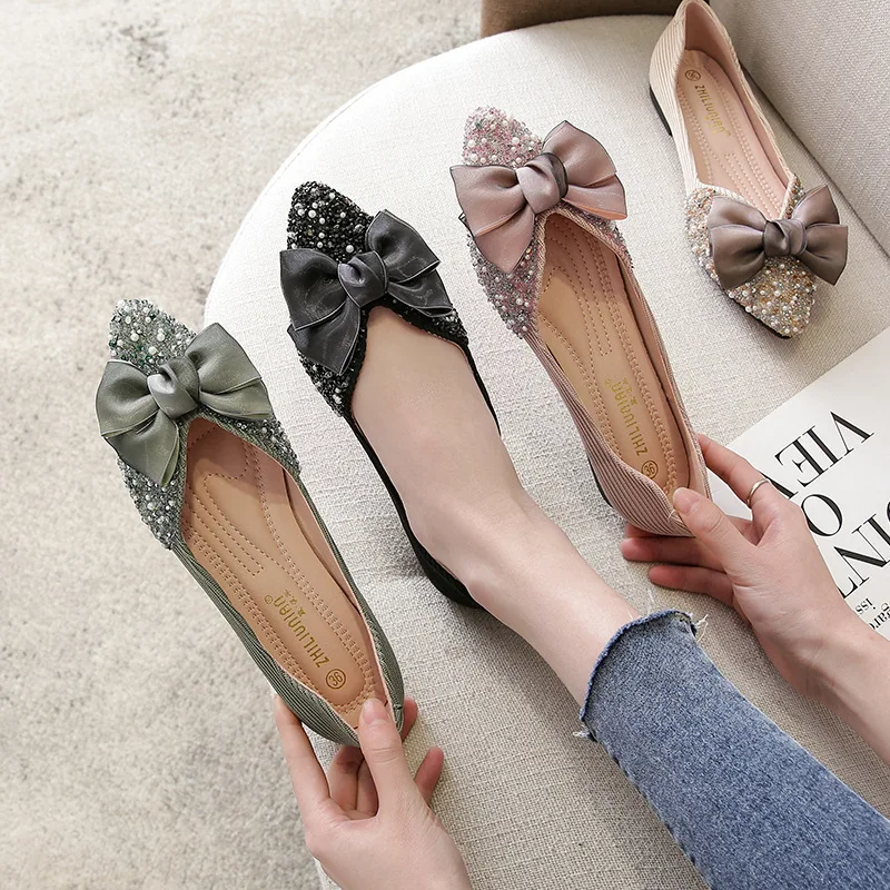 Lolita Shoes Clear Beading Bowknot Women Flats Luxury Pointed Ballerina Shoes Soft Bottom Espadrilles Female Bow Moccasins