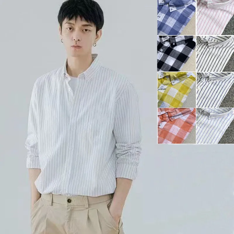D949 Summer Quality Pony 100% Linen Breathable Tank Top Plaid Short Sleeve Shirt Top Men's Long Sleeve Stripe Shirt