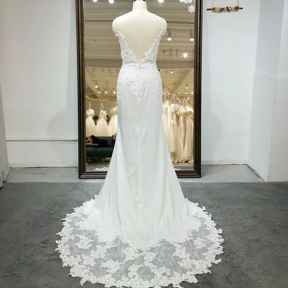 Фото Новейшее свадебное платье трапециевидной формы без рукавов Robe De Mariee Illusion с открытой спиной на заказ, кружево с v-образным вырезом и открытой спиной, великолепные платья de novia №2