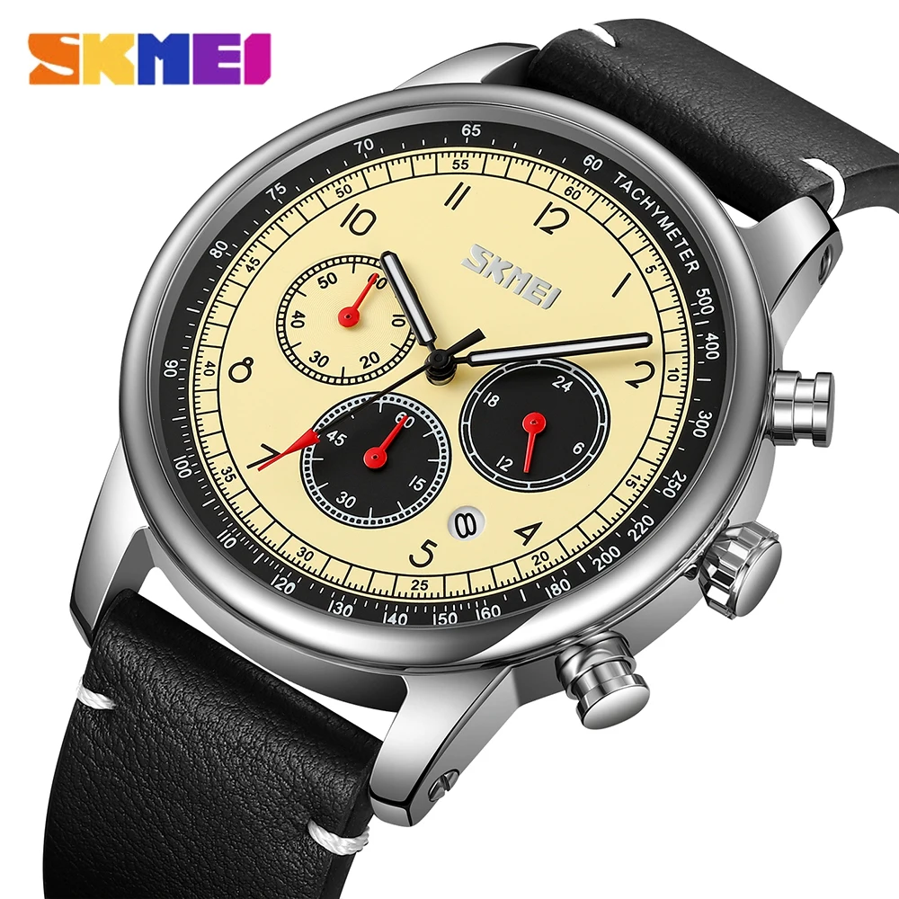 

SKMEI Three Eyes Six Needles Quartz Men's Watch Business Leather 30M Waterproof Wristwatch Big Dial Original Watches for Men