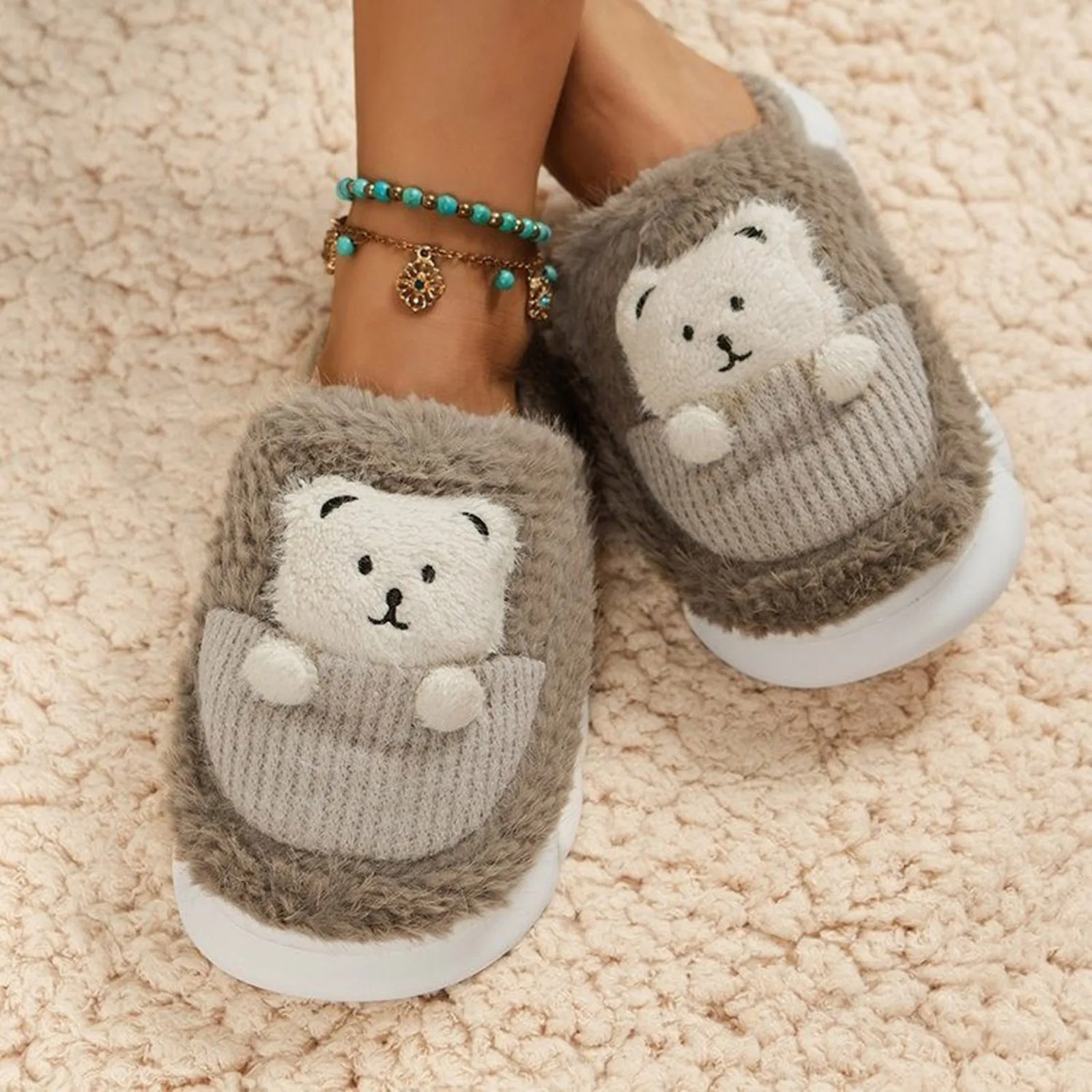 

Женские плюшевые хлопковые тапочки с милым медведем; Сезон осень; Модная домашняя обувь; Зимние Нескользящие теплые домашние тапочки на толстой подошве для женщин