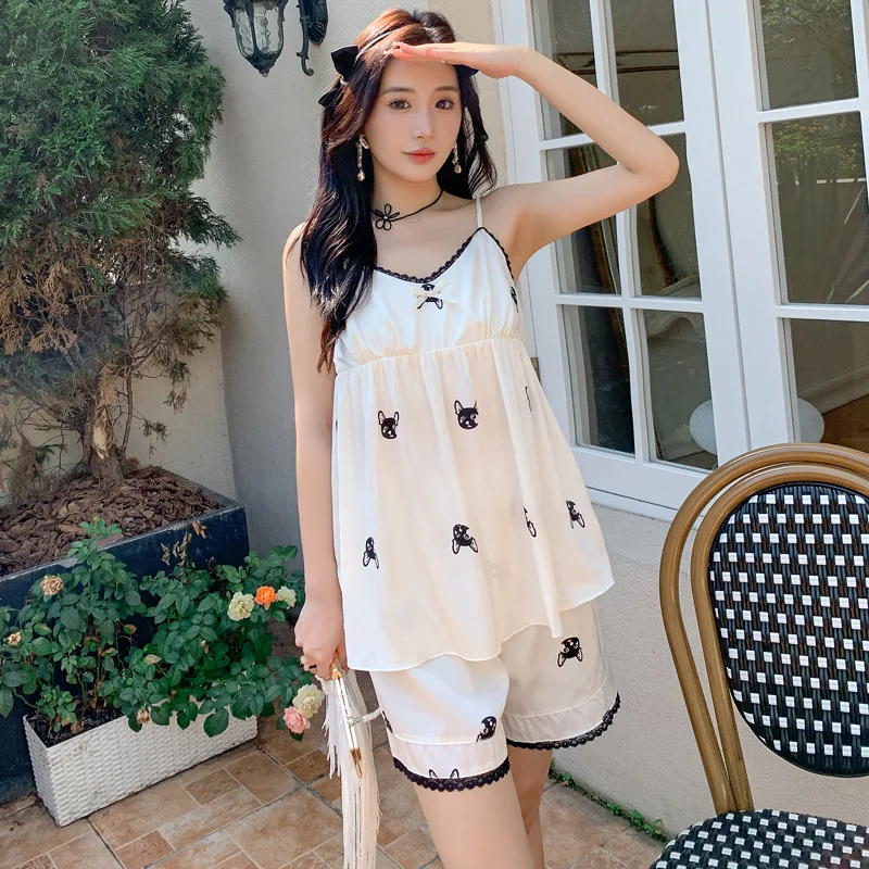 

Pajamas Suit Two Pieces Sleep Set Outfits Summer Print Flower Home Clothes Women Pyjamas Pour Femme Nightwear Sexy Camisole Set