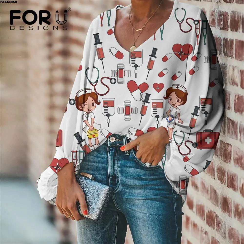 

FORUDESIGNS White Nurse Pattern Design Female Chffon Office Clothes Summer Lantern Sleeved Loose Blouses For Girls Streetwear